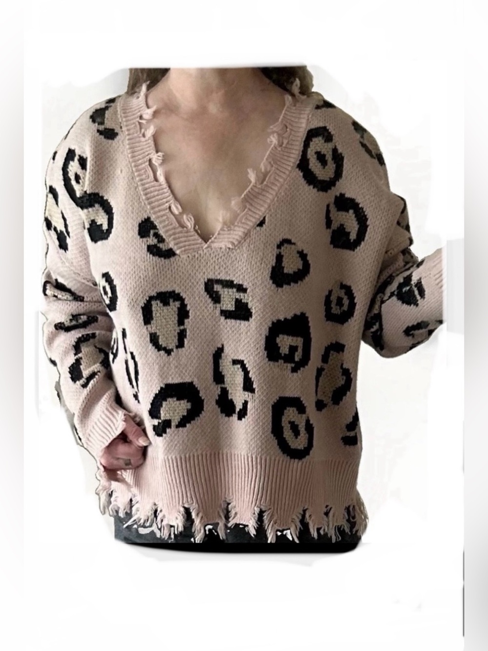 LALA FACTORY Pink Leopard Distressed Oversized V-Neck Sweater S/M